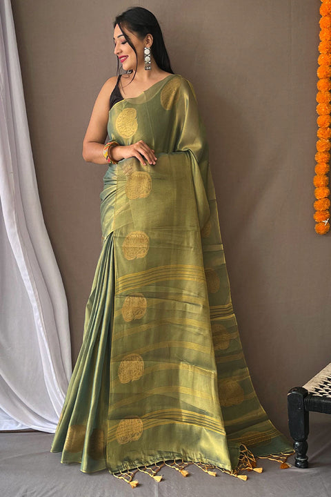 VastraLakshmi Precious Green Soft Banarasi Tissue Silk Saree With Stylish Blouse Piece