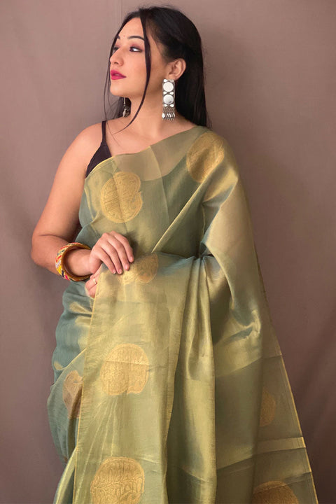 VastraLakshmi Precious Green Soft Banarasi Tissue Silk Saree With Stylish Blouse Piece