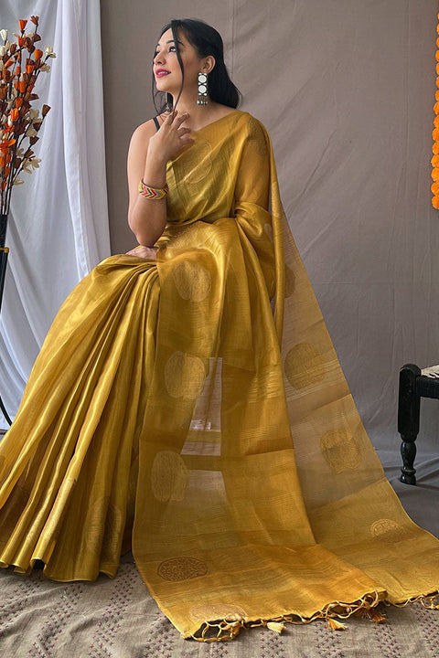 VastraLakshmi Jazzy Mustard Soft Banarasi Tissue Silk Saree With Majesty Blouse Piece