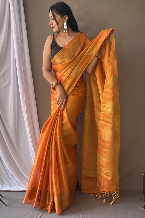 VastraLakshmi Flameboyant Orange Soft Banarasi Tissue Silk Saree With Flameboyant Blouse Piece