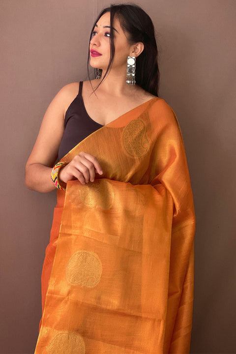 VastraLakshmi Flameboyant Orange Soft Banarasi Tissue Silk Saree With Flameboyant Blouse Piece