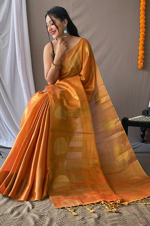 VastraLakshmi Flameboyant Orange Soft Banarasi Tissue Silk Saree With Flameboyant Blouse Piece