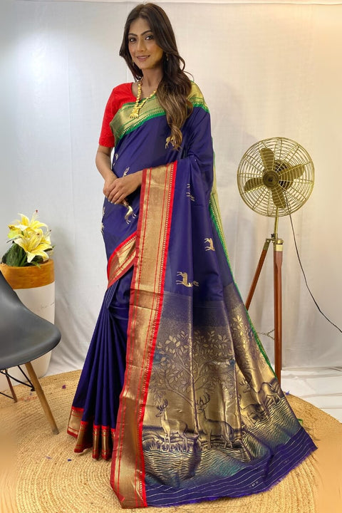 VastraLakshmi Ephemeral Navy Blue Soft Banarasi Silk Saree With Sempiternal Blouse Piece