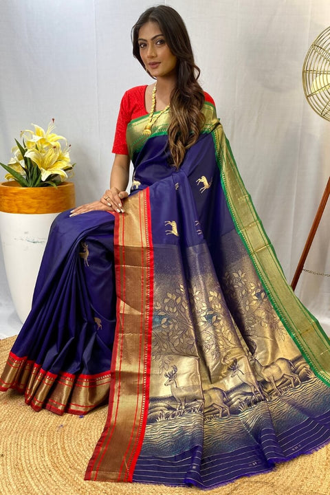 VastraLakshmi Ephemeral Navy Blue Soft Banarasi Silk Saree With Sempiternal Blouse Piece