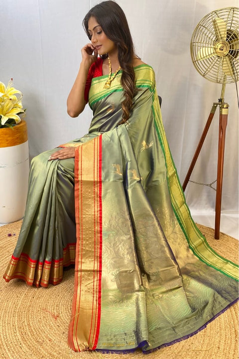 VastraLakshmi Woebegone Pista Soft Banarasi Silk Saree With Profuse Blouse Piece