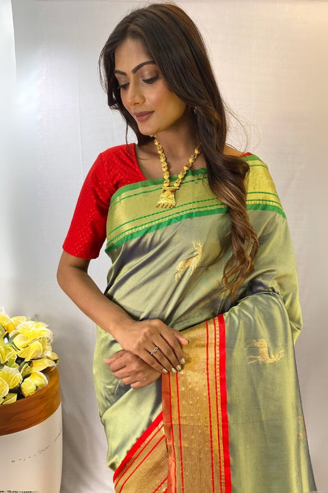 VastraLakshmi Woebegone Pista Soft Banarasi Silk Saree With Profuse Blouse Piece