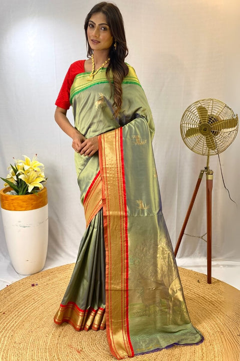 VastraLakshmi Woebegone Pista Soft Banarasi Silk Saree With Profuse Blouse Piece