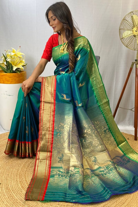 VastraLakshmi Enamoring Rama Soft Banarasi Silk Saree With Opulent Blouse Piece