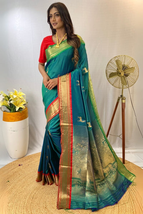 VastraLakshmi Enamoring Rama Soft Banarasi Silk Saree With Opulent Blouse Piece