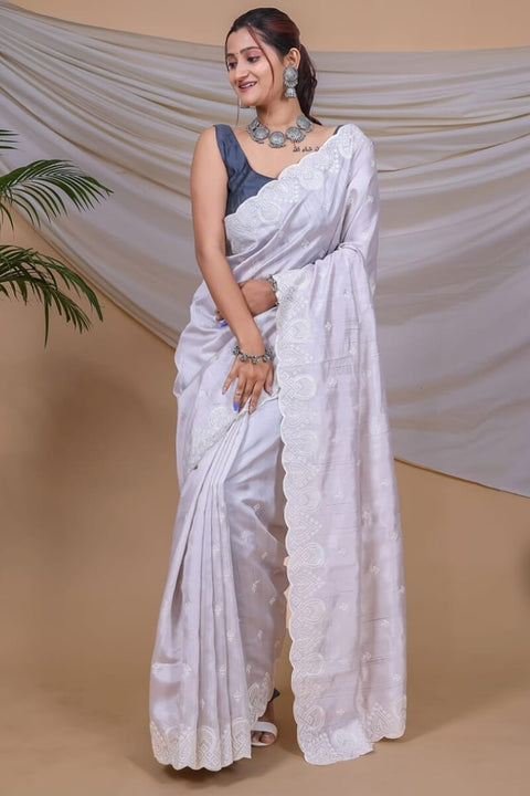 VastraLakshmi Attractive Grey Embroidery Work Soft Silk Saree With Sizzling Blouse Piece