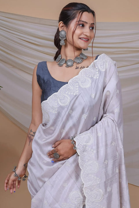 VastraLakshmi Attractive Grey Embroidery Work Soft Silk Saree With Sizzling Blouse Piece