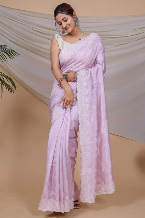 VastraLakshmi Mesmerising Lavender Embroidery Work Soft Silk Saree With Adorning Blouse Piece