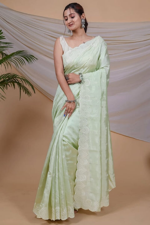 VastraLakshmi Desiring Pista Embroidery Work Soft Silk Saree With Ravishing Blouse Piece