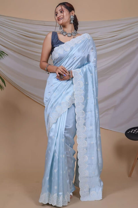 VastraLakshmi Prominent Sky Embroidery Work Soft Silk Saree With Inspiring Blouse Piece