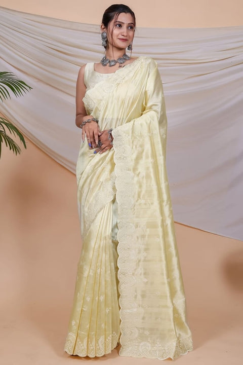 VastraLakshmi Angelic Yellow Embroidery Work Soft Silk Saree With Desuetude Blouse Piece