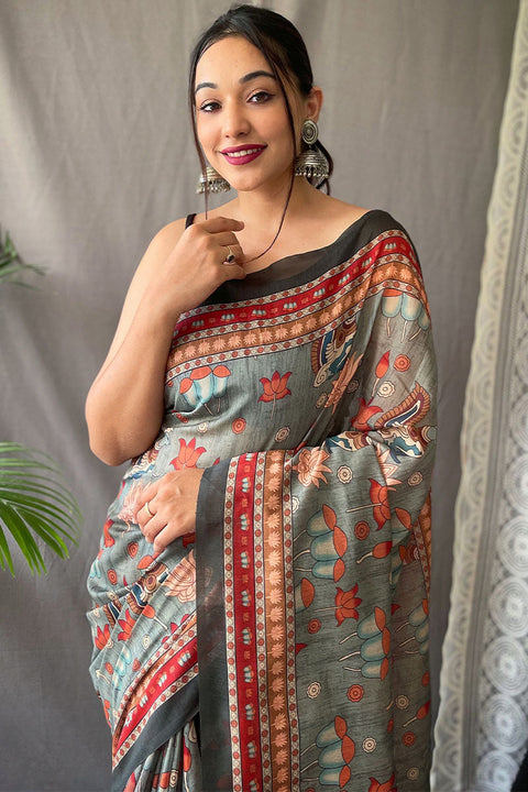 VastraLakshmi Radiant Dark Grey Kalamkari Printed Saree With Entrancing Blouse Piece