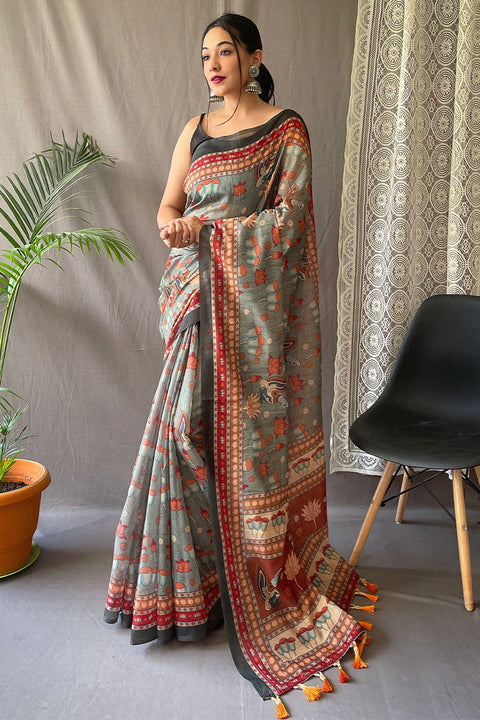 VastraLakshmi Radiant Dark Grey Kalamkari Printed Saree With Entrancing Blouse Piece