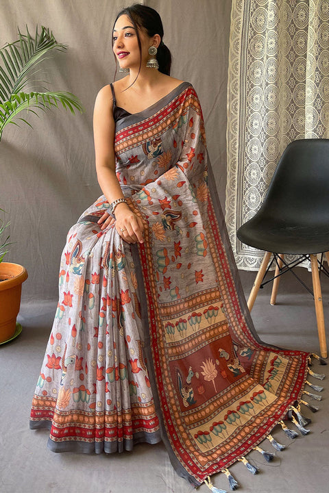 VastraLakshmi Fairytale Grey Kalamkari Printed Saree With Adorable Blouse Piece