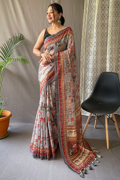 VastraLakshmi Fairytale Grey Kalamkari Printed Saree With Adorable Blouse Piece