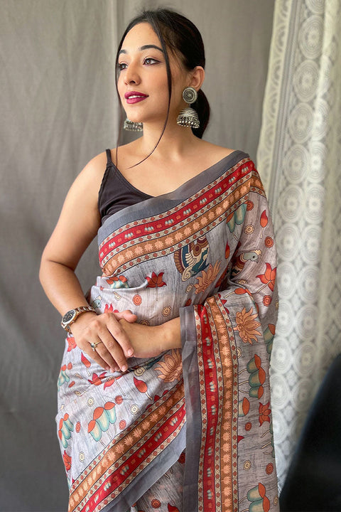 VastraLakshmi Fairytale Grey Kalamkari Printed Saree With Adorable Blouse Piece