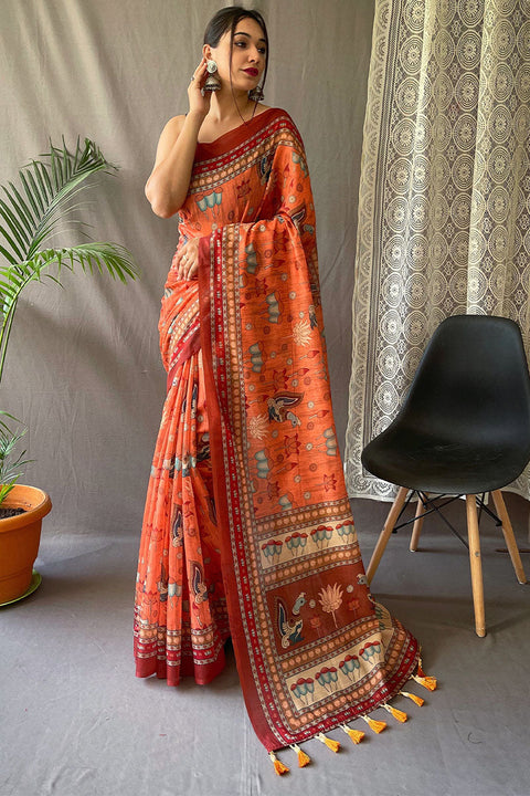 VastraLakshmi Phenomenal Orange Kalamkari Printed Saree With Adorable Blouse Piece