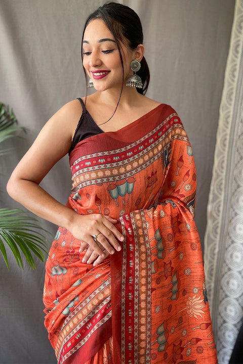 VastraLakshmi Phenomenal Orange Kalamkari Printed Saree With Adorable Blouse Piece