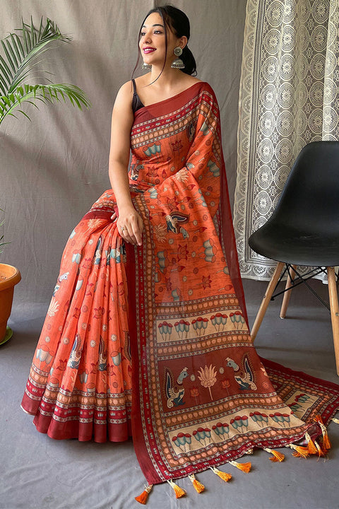 VastraLakshmi Phenomenal Orange Kalamkari Printed Saree With Adorable Blouse Piece