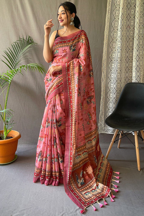 VastraLakshmi Pleasant Pink Kalamkari Printed Saree With Adoring Blouse Piece