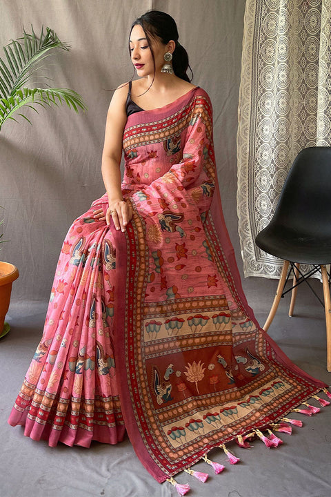 VastraLakshmi Pleasant Pink Kalamkari Printed Saree With Adoring Blouse Piece