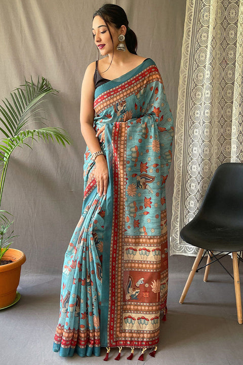 VastraLakshmi Dalliance Sky Kalamkari Printed Saree With Forbearance Blouse Piece