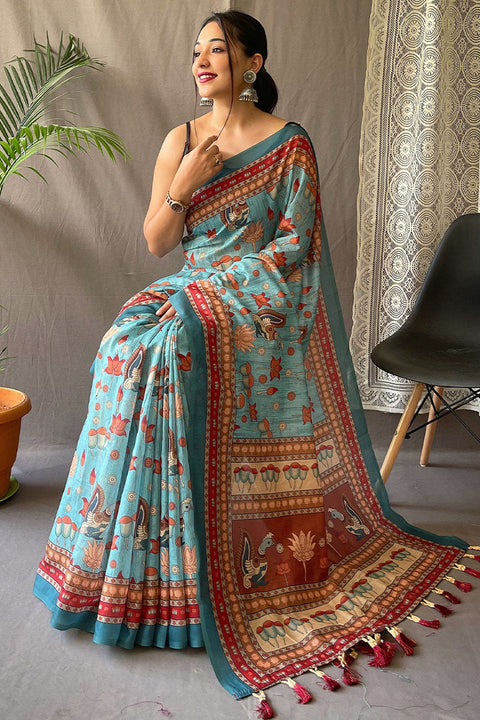 VastraLakshmi Dalliance Sky Kalamkari Printed Saree With Forbearance Blouse Piece