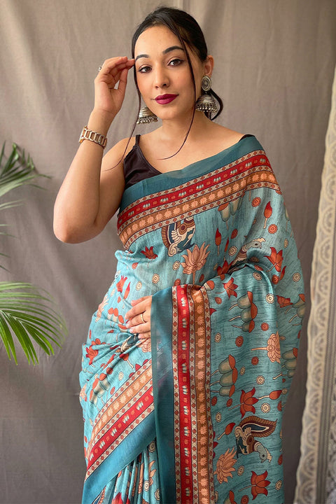 VastraLakshmi Dalliance Sky Kalamkari Printed Saree With Forbearance Blouse Piece