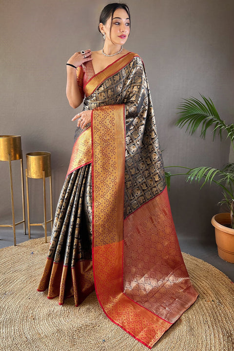 VastraLakshmi Skinny Black Kanjivaram Silk Saree With Dazzling Blouse Piece