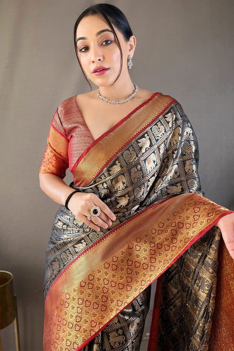 VastraLakshmi Skinny Black Kanjivaram Silk Saree With Dazzling Blouse Piece