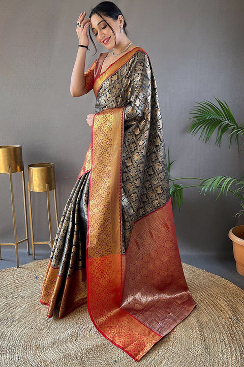 VastraLakshmi Skinny Black Kanjivaram Silk Saree With Dazzling Blouse Piece