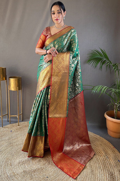 VastraLakshmi Invaluable Dark Green Kanjivaram Silk Saree With Demanding Blouse Piece