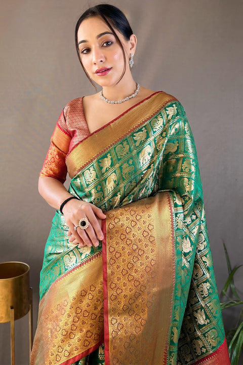 VastraLakshmi Invaluable Dark Green Kanjivaram Silk Saree With Demanding Blouse Piece