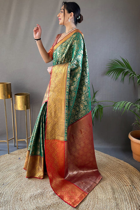 VastraLakshmi Invaluable Dark Green Kanjivaram Silk Saree With Demanding Blouse Piece