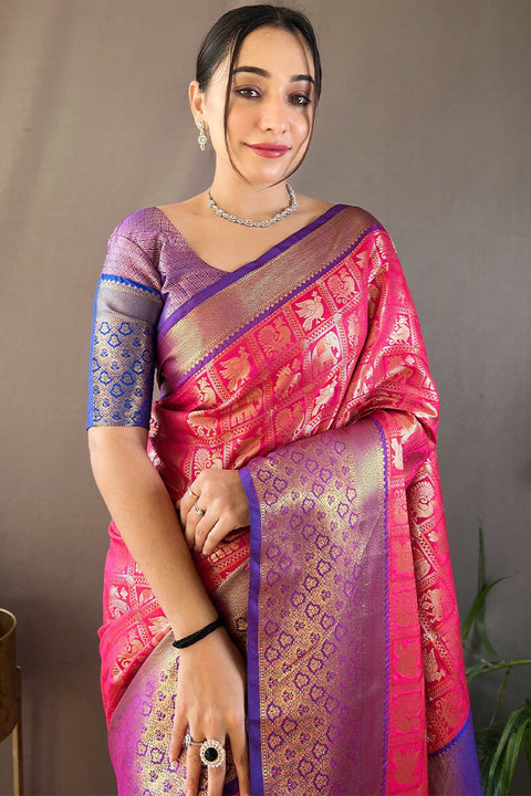 VastraLakshmi Blooming Dark Pink Kanjivaram Silk Saree With Ravishing Blouse Piece