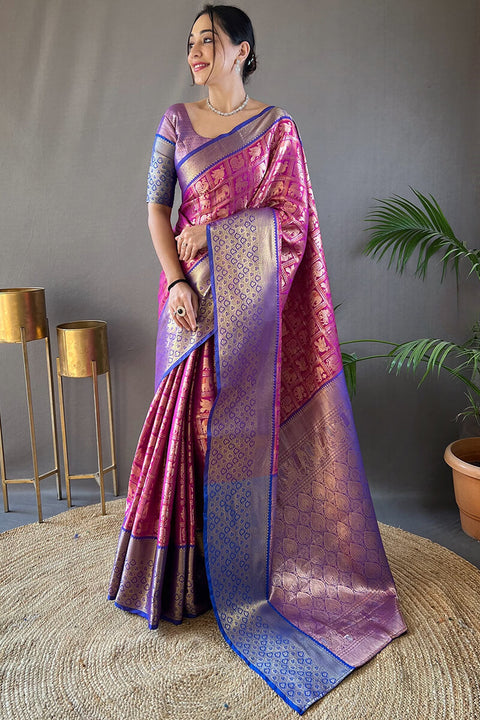 VastraLakshmi Flamboyant Purple Kanjivaram Silk Saree With Flameboyant Blouse Piece