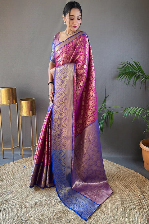 VastraLakshmi Flamboyant Purple Kanjivaram Silk Saree With Flameboyant Blouse Piece