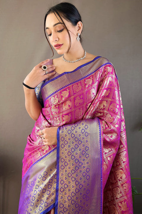 VastraLakshmi Flamboyant Purple Kanjivaram Silk Saree With Flameboyant Blouse Piece