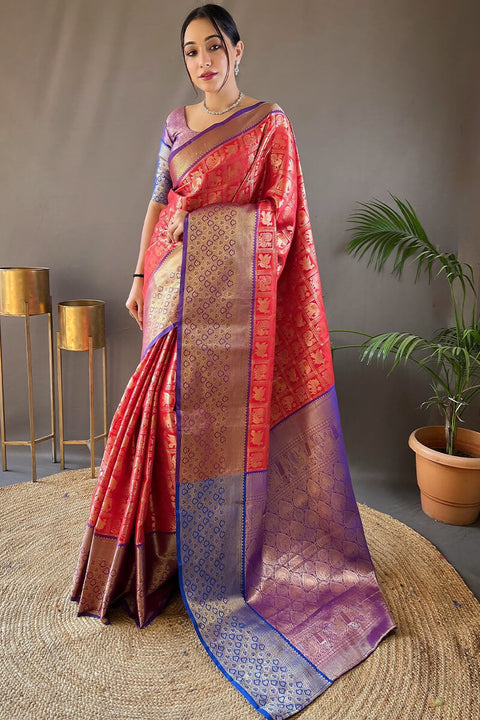 VastraLakshmi Stunner Red Kanjivaram Silk Saree With Ideal Blouse Piece