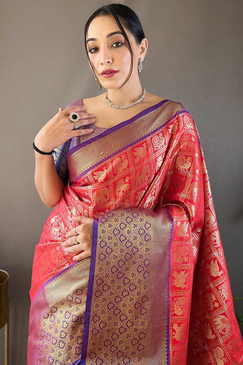 VastraLakshmi Stunner Red Kanjivaram Silk Saree With Ideal Blouse Piece