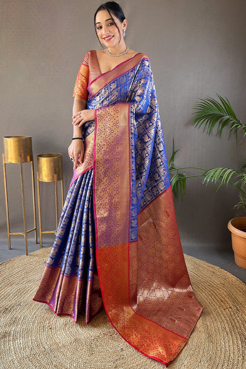 VastraLakshmi Assemblage Royal Blue Kanjivaram Silk Saree With Bucolic Blouse Piece