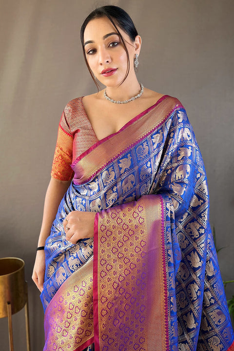 VastraLakshmi Assemblage Royal Blue Kanjivaram Silk Saree With Bucolic Blouse Piece