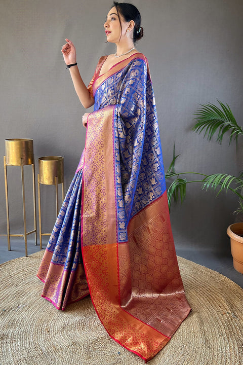 VastraLakshmi Assemblage Royal Blue Kanjivaram Silk Saree With Bucolic Blouse Piece