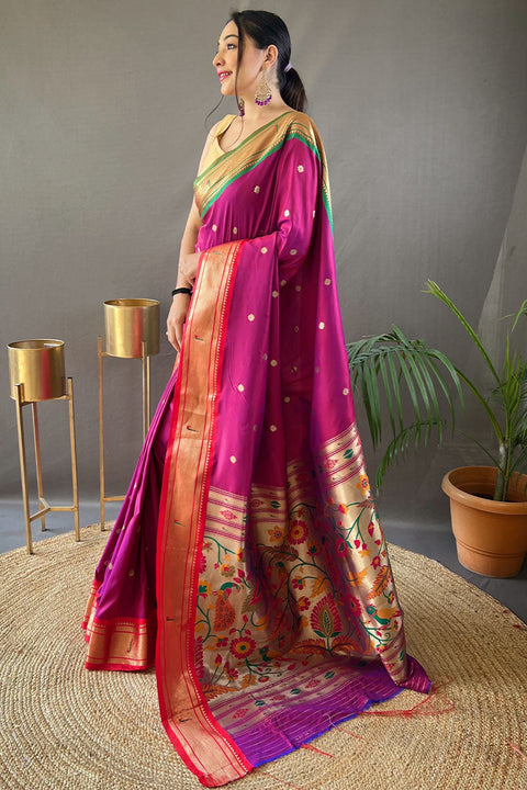 VastraLakshmi Pretty Dark Pink Paithani Silk Saree With Refreshing Blouse Piece