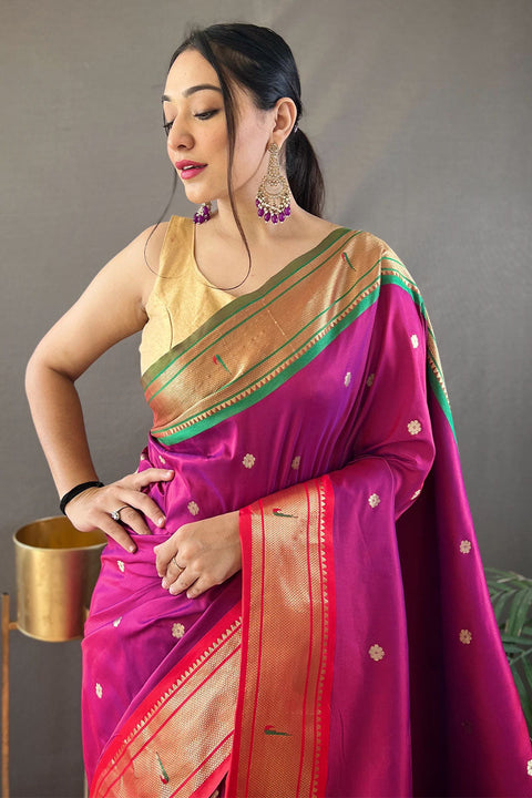 VastraLakshmi Pretty Dark Pink Paithani Silk Saree With Refreshing Blouse Piece