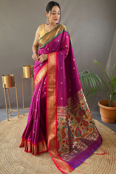 VastraLakshmi Pretty Dark Pink Paithani Silk Saree With Refreshing Blouse Piece